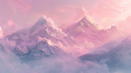 Majestic snow-capped mountains, pink pastel sky, ethereal light, clouds drifting