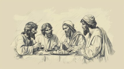 Biblical Illustration: Jesus at Last Supper, Disciples, Bread and Wine, Beige Background, Copyspace