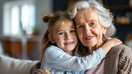 Happy old grandmother hugging little grandchild girl looking at camera, smiling mature mother or senior grandma granny laughing embracing adopted kid granddaughter sitting on couch