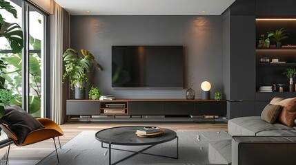 modern living room with wallmounted tv mockup and stylish decor interior design render