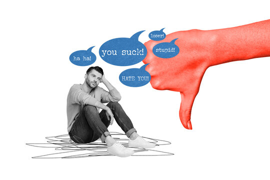 Drawing painting template collage of  sad upset young guy suffer terrible criticism from people screaming ha ha you suck stupid loser