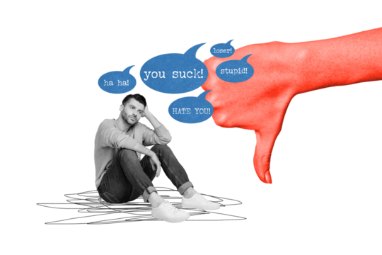 Drawing painting template collage of  sad upset young guy suffer terrible criticism from people screaming ha ha you suck stupid loser