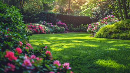Lush garden, vibrant green grass, colorful flowers
