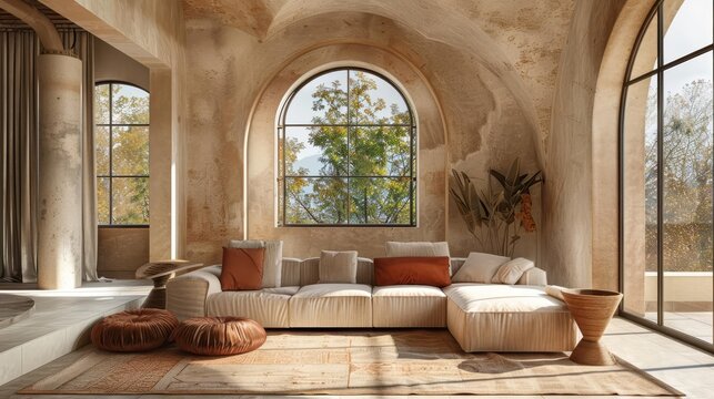modern loft living room interior beige sofa terra cotta pillows arched window stucco wall