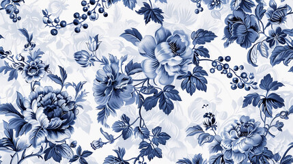 Vintage floral pattern, blue and white flower palette, intricately flower designs