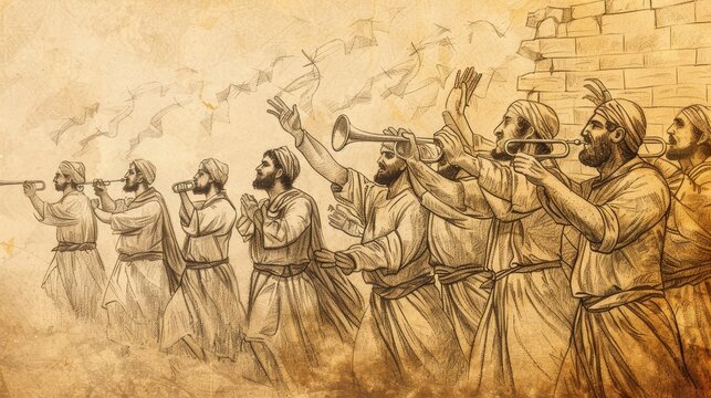 Biblical Illustration: Fall of Jericho, Walls, Trumpets, Israelites, Beige Background, Copyspace