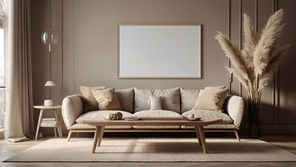 Blank horizontal poster frame mock up in scandinavian style living room interior, modern living room interior background, beige sofa and pampas grass, 3d rendering. ai generated