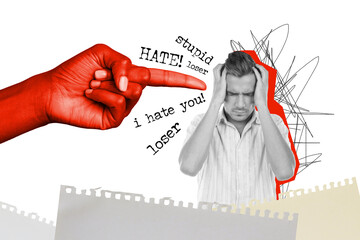 Poster banner collage of frustrated young guy with headache suffer work job office bully from...