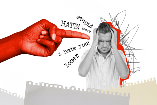 Poster banner collage of frustrated young guy with headache suffer work job office bully from colleagues boss