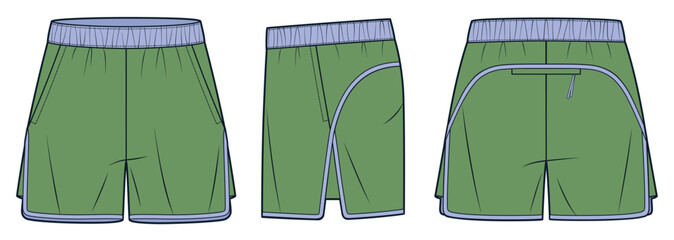 Short Pants technical fashion illustration. Sport Shorts fashion flat technical drawing template, elastic waist, pockets, front, side and back view, green, women, men, unisex Sportswear CAD mockup set