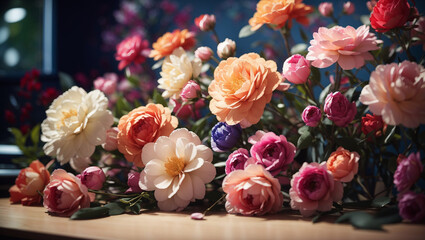 different kinds of flowers in various shades of pink, white, and red against a dark blue background.