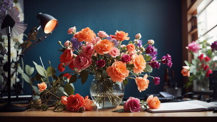 different kinds of flowers in various shades of pink, white, and red against a dark blue background.