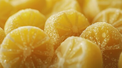 mouthwatering closeup of sour lemon drops tangy yellow hard candy still life
