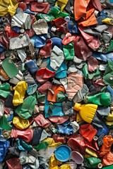 Pile of compressed plastic waste, showcasing a wide variety of colors and forms