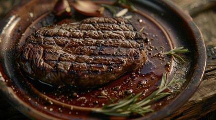 mouthwatering grilled beef steak with perfect sear marks on a rustic plate luxurious gourmet food photography