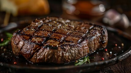 mouthwatering grilled steak with perfect grill marks plated on rustic tableware against an elegant dark backdrop food photography