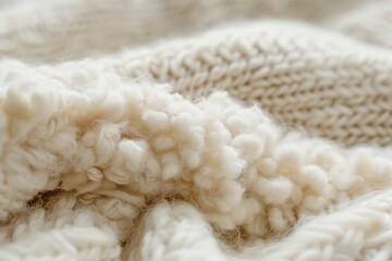 Macro shot of chunky white knit wool fabric, emphasizing its highly textured and soft braided pattern