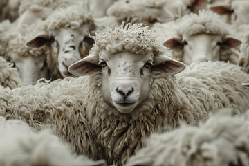 A sheep stands out among a flock, with the image focusing on its distinctive wooly texture and gaze