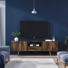 Dark blue wall in night time have tv UHD Wallpapar