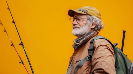 An angler is a person who has a passion and interest in fishing, whether for relaxation, sport, or for catching fish as food. Isolated yellow background