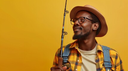 An angler is a person who has a passion and interest in fishing, whether for relaxation, sport, or for catching fish as food. Isolated yellow background