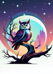 Owl on the tree on the background woth moon and fores