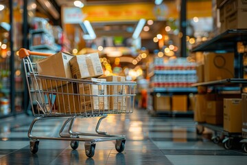 A paper box is in a shopping basket, with the background showing a store.