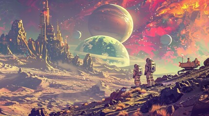 Obraz premium A captivating scene of astronauts exploring the rugged terrain of a distant planet with advanced rovers under a mesmerizing sky filled with planets and stars