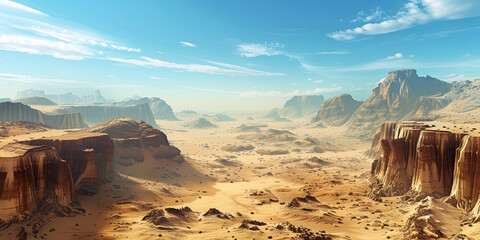 A sandy trail in a desert leads towards rocky mountains under a blue sky with fluffy white clouds.