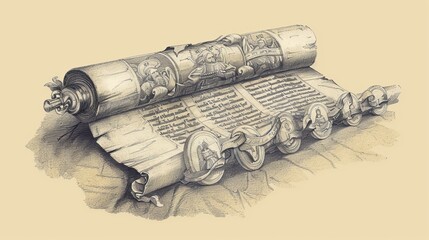 Biblical Illustration: Scroll with Seven Seals, Judgments and Victory of God, Beige Background, Copyspace