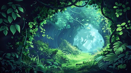 mysterious cave entrance in dense forest lush greenery and vines surrounding dark opening illustration