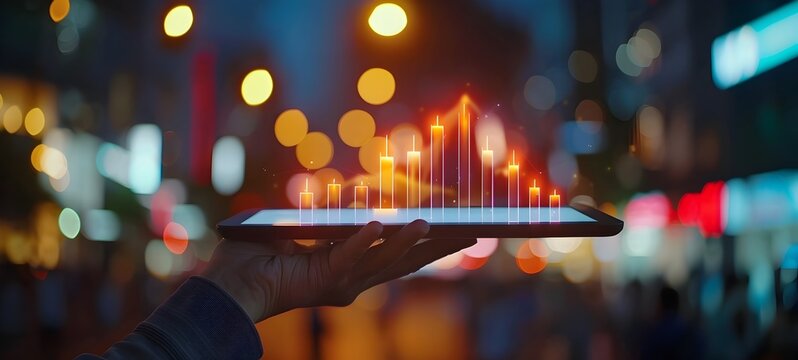 Futuristic Smartphone Displaying Holographic Market Data in Night City Skyline - Powered by Adobe