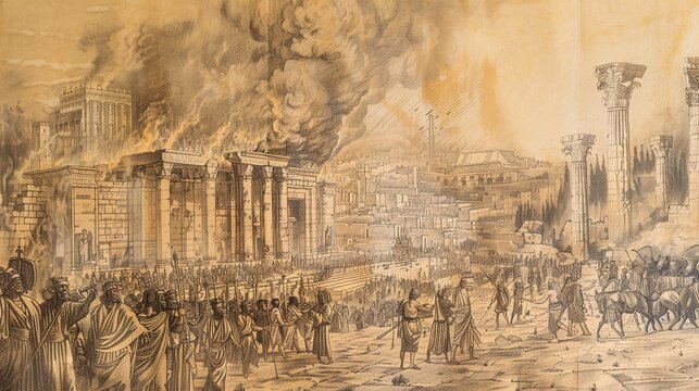 Biblical Illustration: Jerusalem's Fall, Babylonians Conquer, Burning Temple, Exile, Beige Background, Copyspace