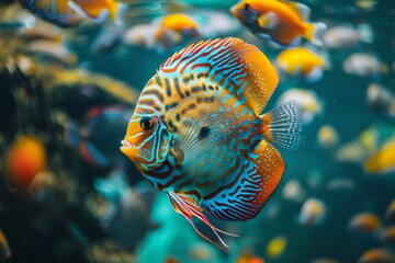 Elegant discus fish (symphysodon aequifasciatus) exhibiting gorgeous color patterns in aquarium
