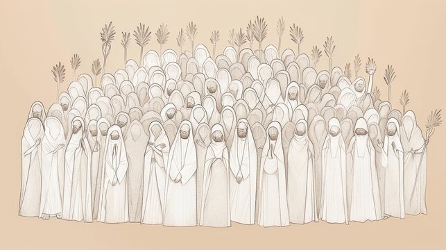 Biblical Illustration: Vision of Great Multitude, Worshiping Nations, God's Throne, White Robes, Beige Background, Copyspace