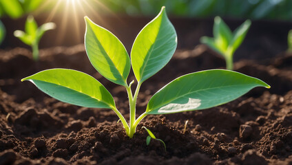 World environment day, A vibrant green seedling with multiple leaves growing in rich, dark soil, illuminated by warm sunlight in a blurred background