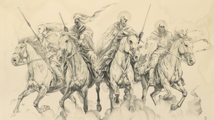 Biblical Illustration: Apocalypse Riders, Four Horsemen, War, Famine, Death, Beige Background, Copyspace