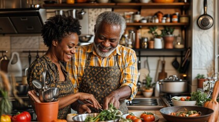 Black Elderly father and adult daughter cooking family dinner together. Father's Day, Juneteenth
