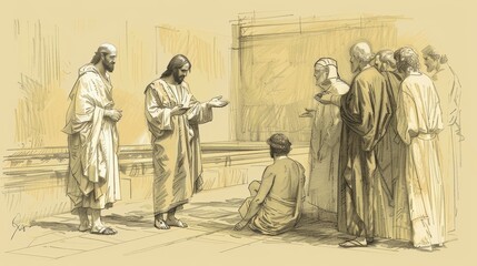 Fototapeta premium Biblical Illustration: Healing at Bethesda, Jesus and Invalid, Onlookers Question, Beige Background, Copyspace