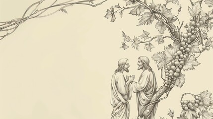 Obraz premium Biblical Illustration: The Vine and Branches, Jesus Teaching with Vineyard Imagery, Beige Background, Copyspace