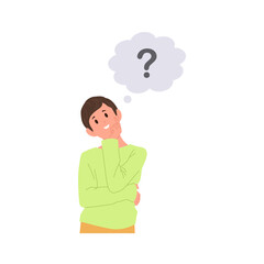 Dreamy smiling boy child cartoon character with question mark thinking touching chin with finger