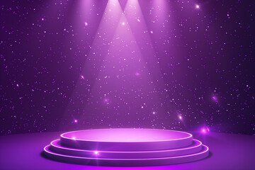 Purple podium with a round stage for product presentation, featuring a glowing light and star particles on a purple background.
