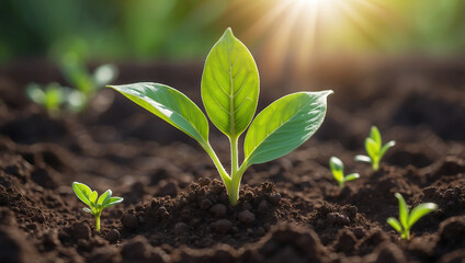 World environment day, A vibrant green seedling with multiple leaves growing in rich, dark soil, illuminated by warm sunlight in a blurred background