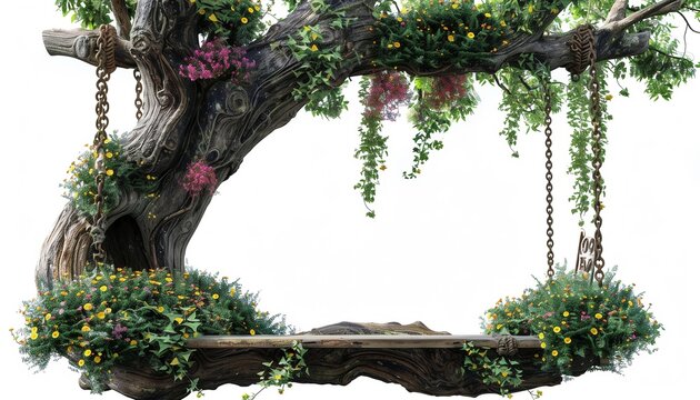 A Swing of Blossoms: Ancient Tree Adorned with Floral Veins