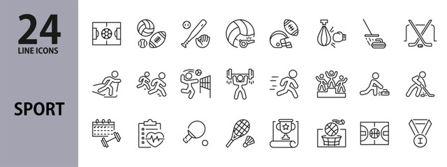 Sport line icons set with Tennis, Football, Volleyball, Basketball, Ski, Boxing, Baseball, Hockey, Running, Medal and more. Editable Stroke