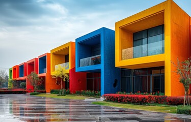 Brightly colored modern architecture created with Generative AI technology