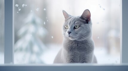 Serene Russian Blue Cat on Windowsill in Winter Wonderland | Elegant Cat in Snowy Landscape with Soft Lighting and Peaceful Atmosphere
