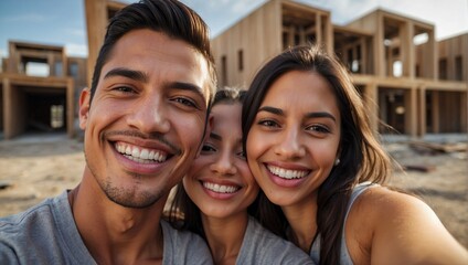 Trio of friends taking a selfie at a construction site, all smiling, wearing casual clothing, with partially built structures in the background, capturing a moment of togetherness and urban exploratio