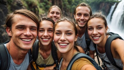 Fototapeta premium Group of young adults smiling for a selfie in front of a breathtaking waterfall, exhibiting joyful expressions and casual outdoor attire.