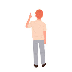 Back view of preteen boy isolated cartoon character pointing finger up indicating something